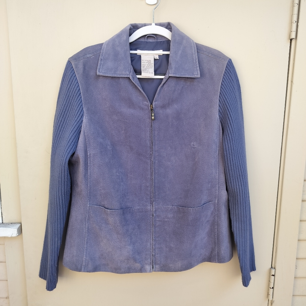 AMI Y2K Periwinkle Blue/Purple Leather Jacket with Sweater‎ Sleeves